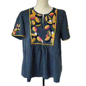 Madewell 100% Cotton Blouse Navy w/White Stripes and Colorful Embroidery Size LG